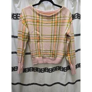 Maeve Anthropologie pink neon plaid oversized boatneck knit sweater XS